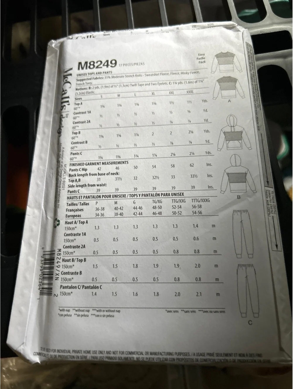 McCall's M8249 Uncut Sewing Pattern for Unisex Sweatshirt and Sweatpants